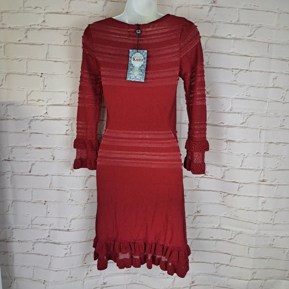 For Love And Lemons Burgundy Sheer-Stripe Ruffle Mini Dress - Picture 3 of 10